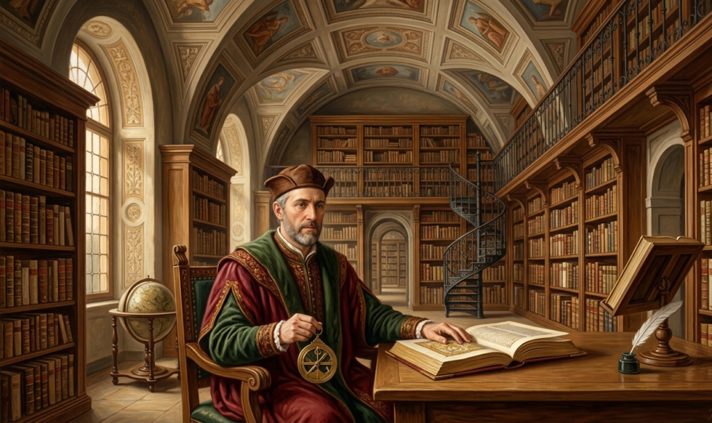 imagem representando uma pessoa na biblioteca rodeada de livros